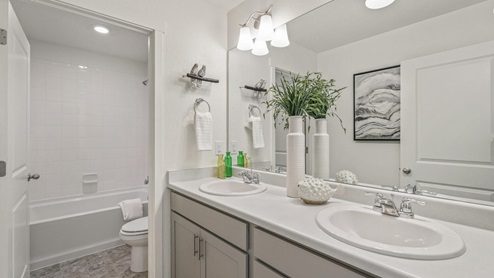 staged gray cabinet bathroom with a tub