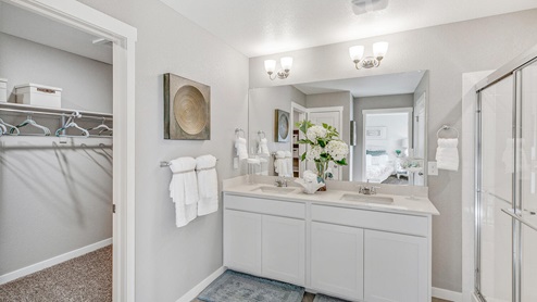 white cabinet bathroom with dual sinks, closet, and shower