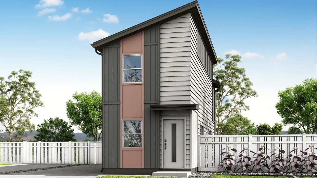 Exterior rendering two story single family cpr with colorful grey and pink wood siding