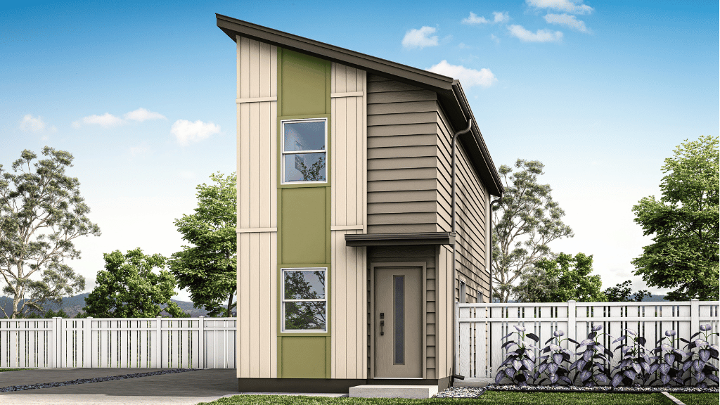 Exterior rendering two story home with green and grey wood cladding