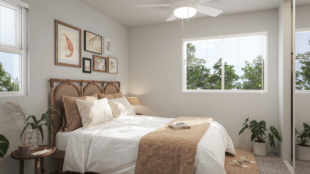 Interior bedroom with large window