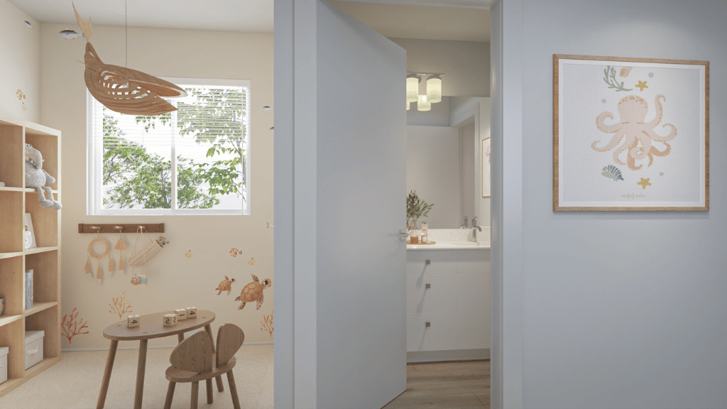 Interior bonus space with large window open to bathroom