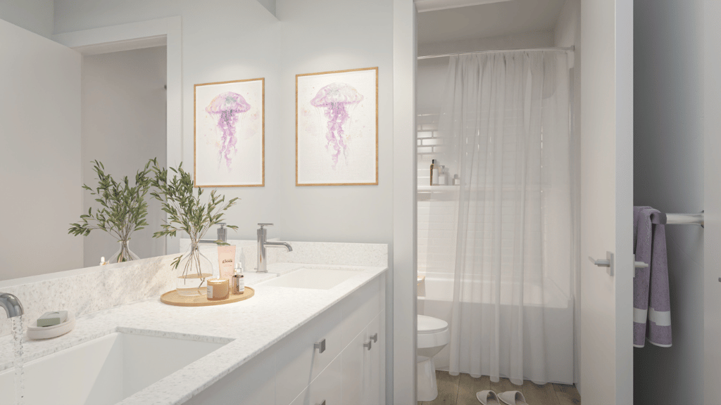 Interior bathroom with shower and tub combination and vanity