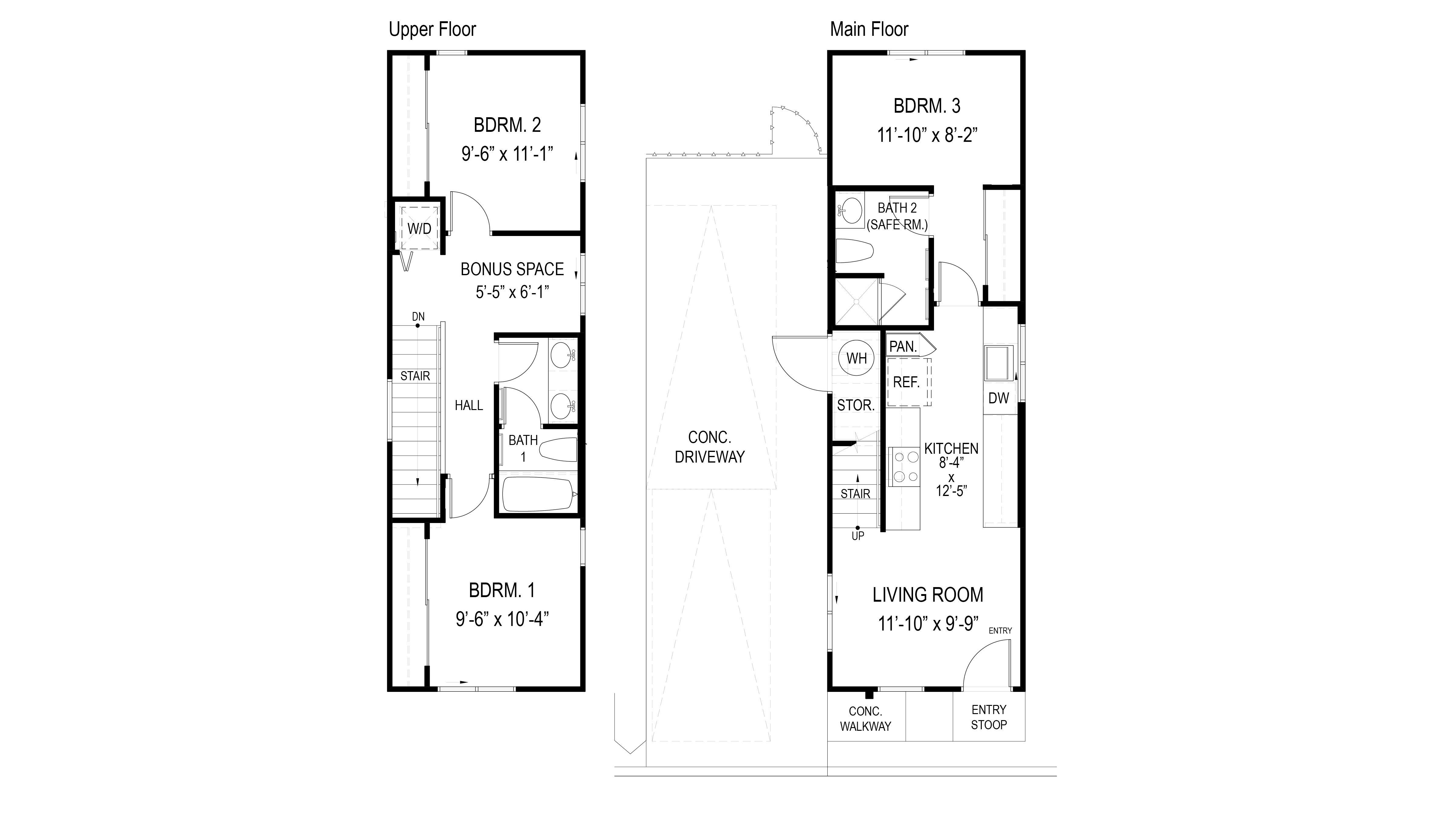 Interior floorplan drawing 3 bed 2 bath home