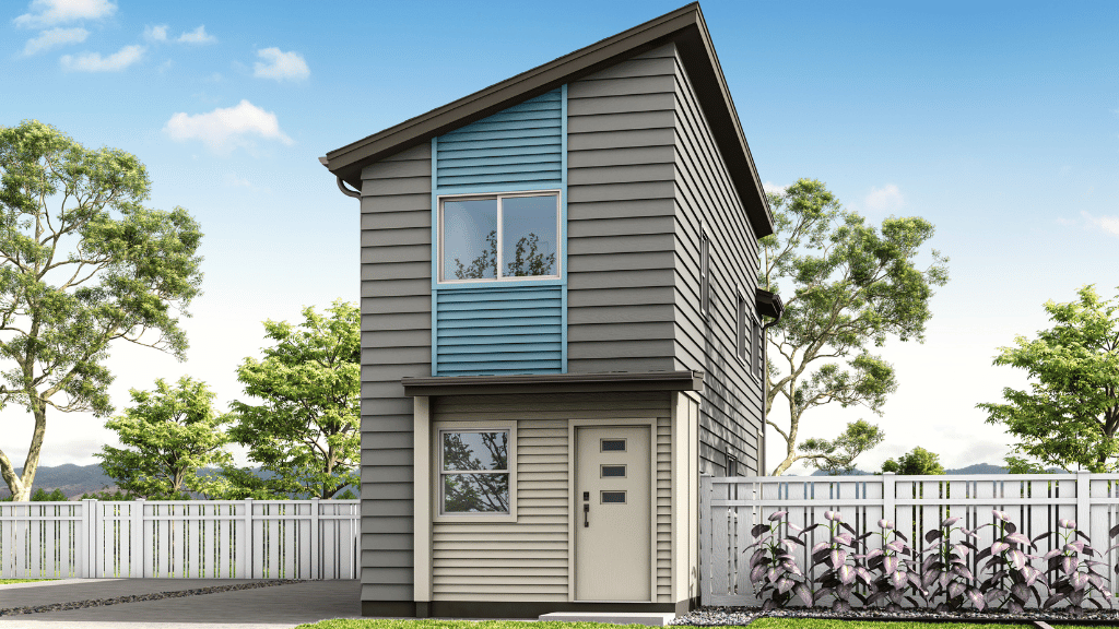 Exterior rendering two story 3 bedroom home with blue and gray wood cladding