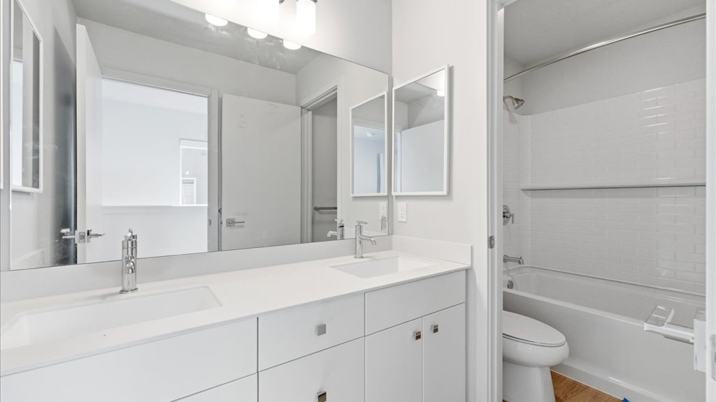 Interior bathroom with shower and tub combination and vanity