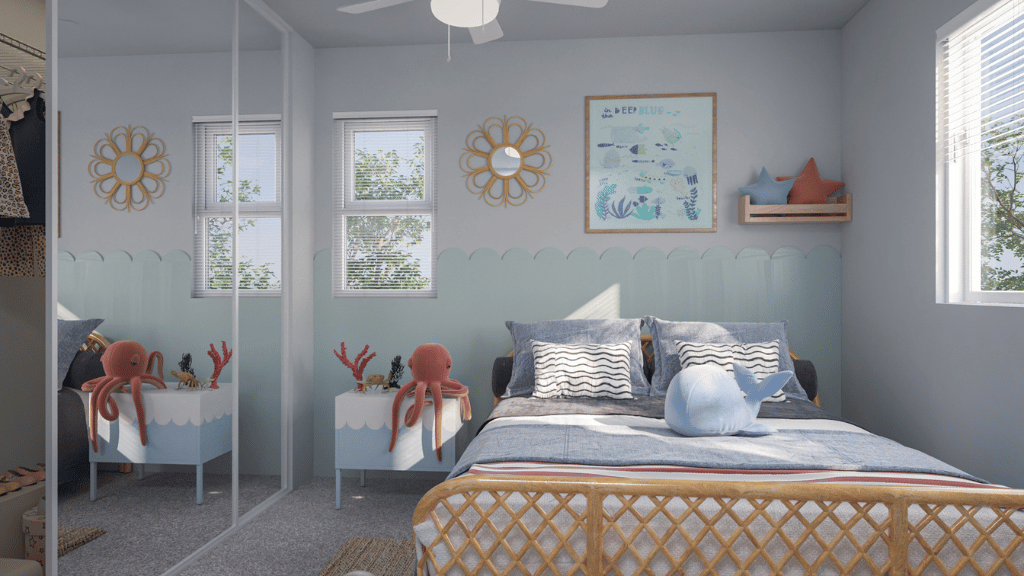 Interior bedroom with large window