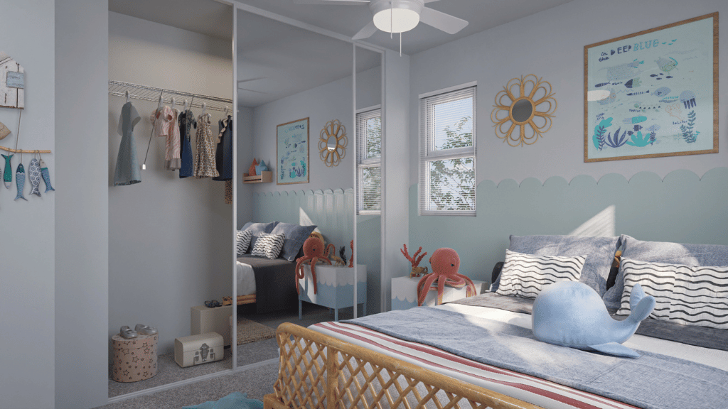 Interior bedroom with large window and sliding door closet