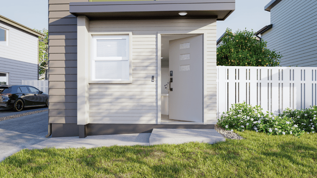 Exterior rendering home front door with gray wood paneling
