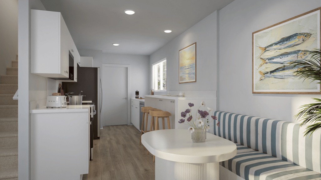 Interior kitchen with wall dining space