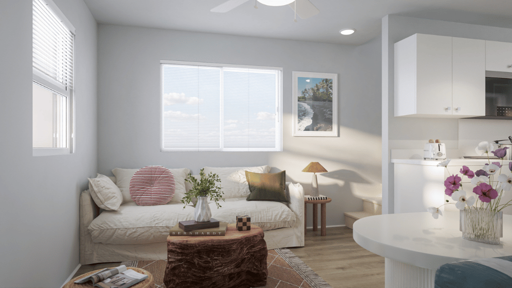 Interior living area with large windows