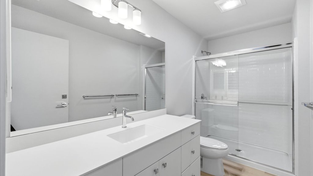 Interior bathroom with walk in shower and vanity