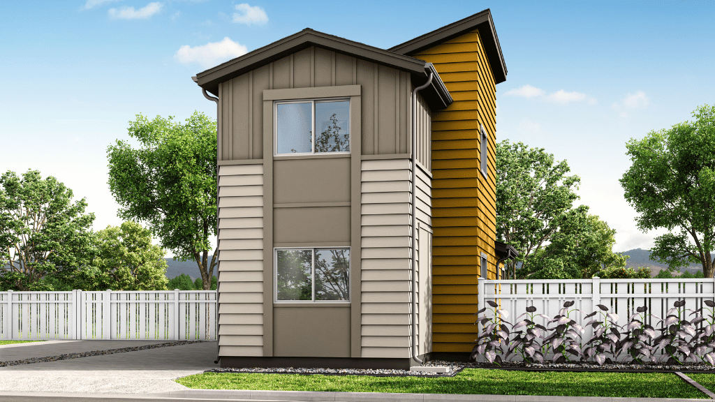Exterior two story home rendering with yellow and gray wood cladding