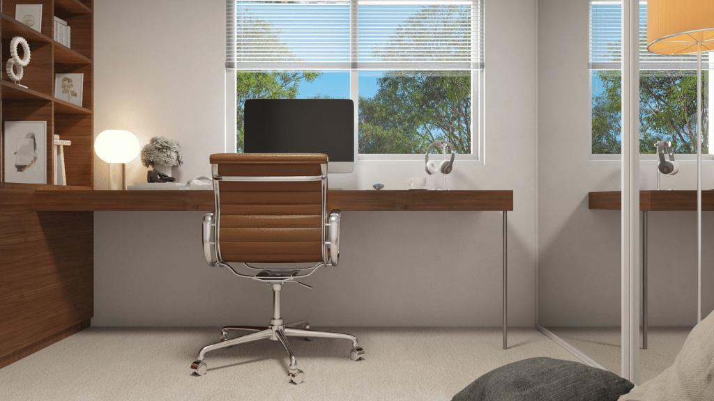 Interior bedroom office with sliding doors closet