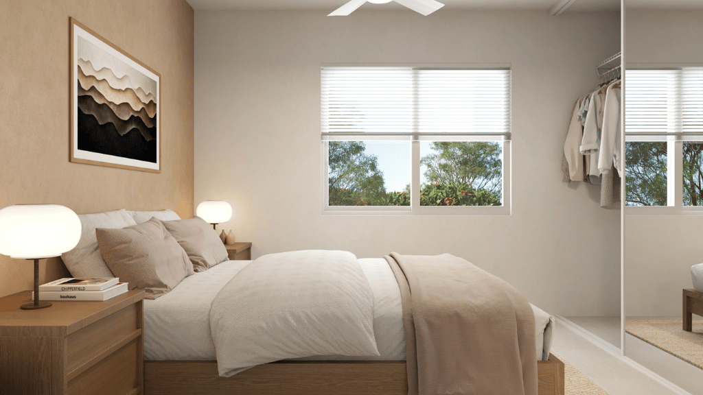 Interior bedroom with sliding door closet