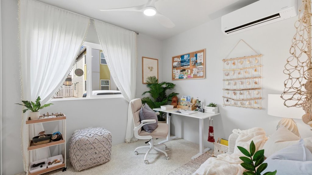 Interior bedroom with large window