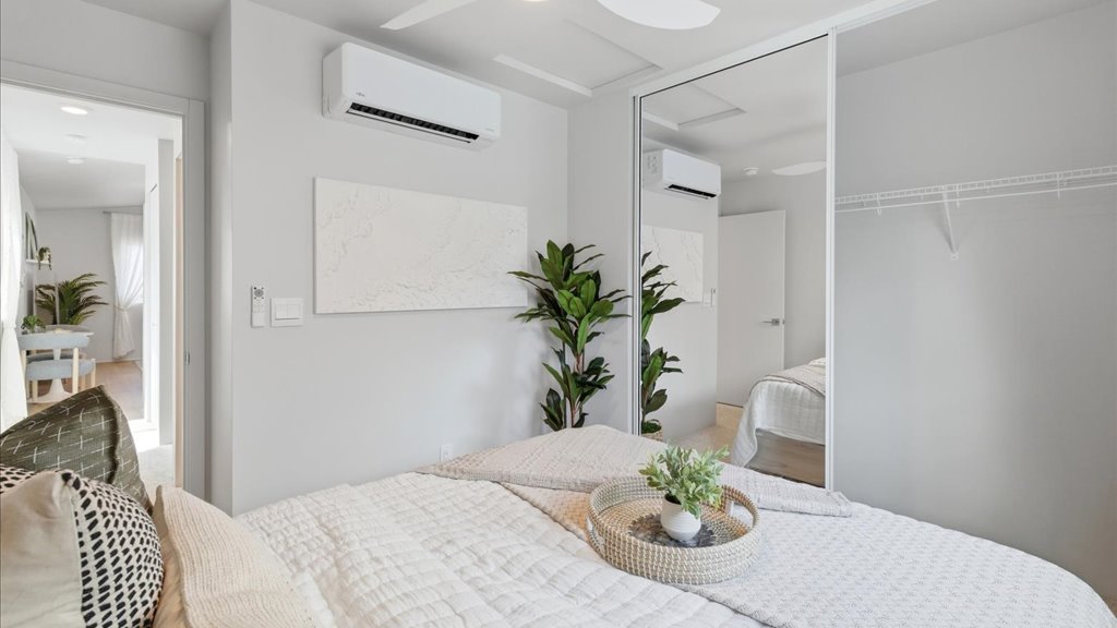 Interior bedroom office with sliding doors closet