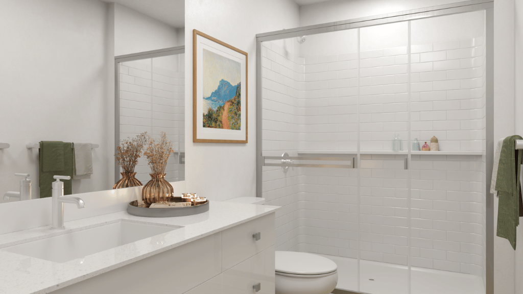 Interior bathroom with walk in shower and vanity