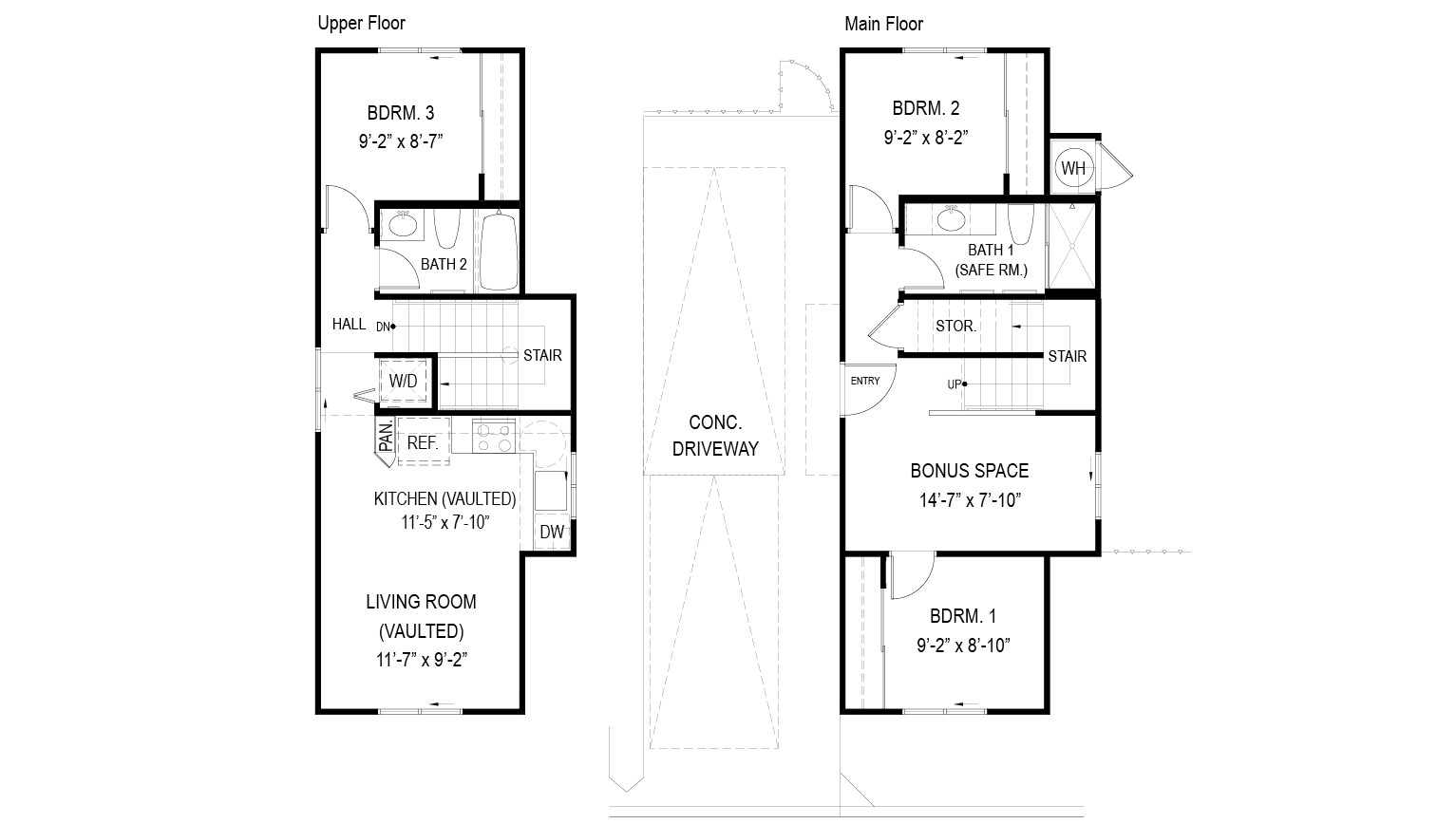 Interior floorplan drawing two story 3 bedroom 2 bathroom home