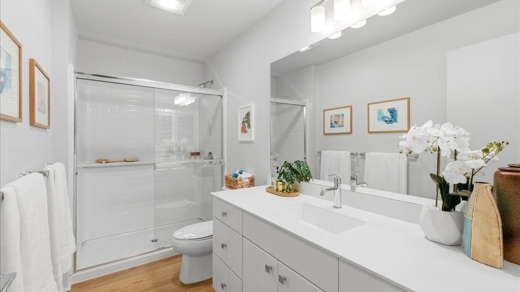 Interior bathroom with vanity toilet and shower