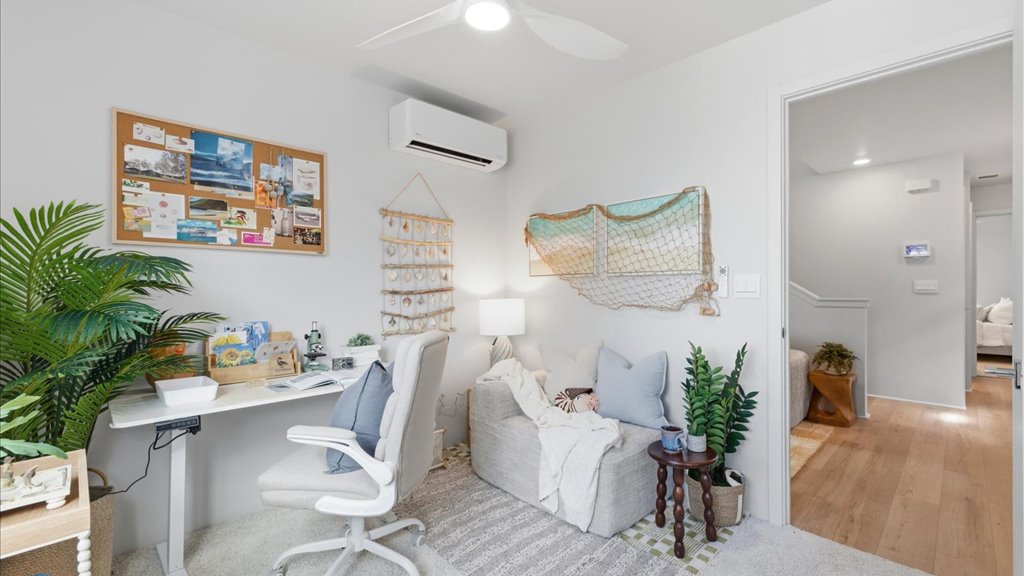 Interior bedroom office with sliding doors closet