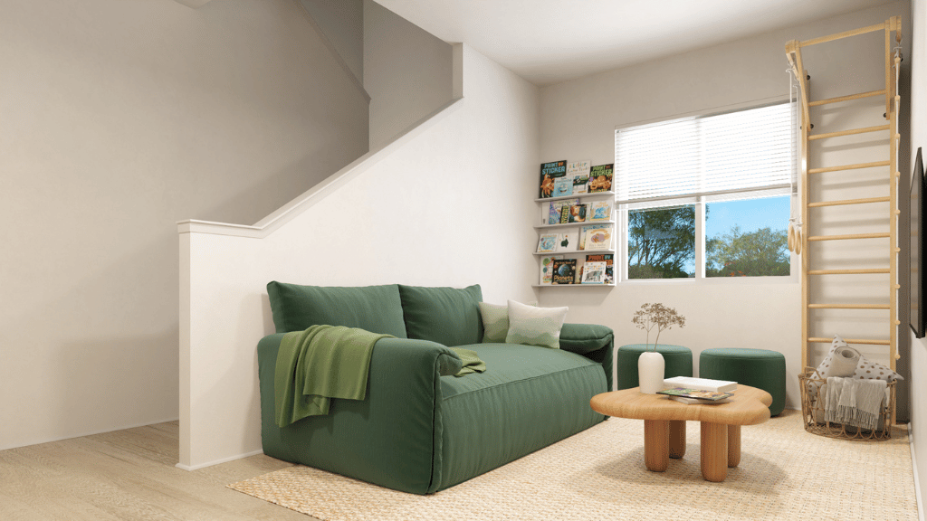 Interior bonus space and play room with large window open to stairs