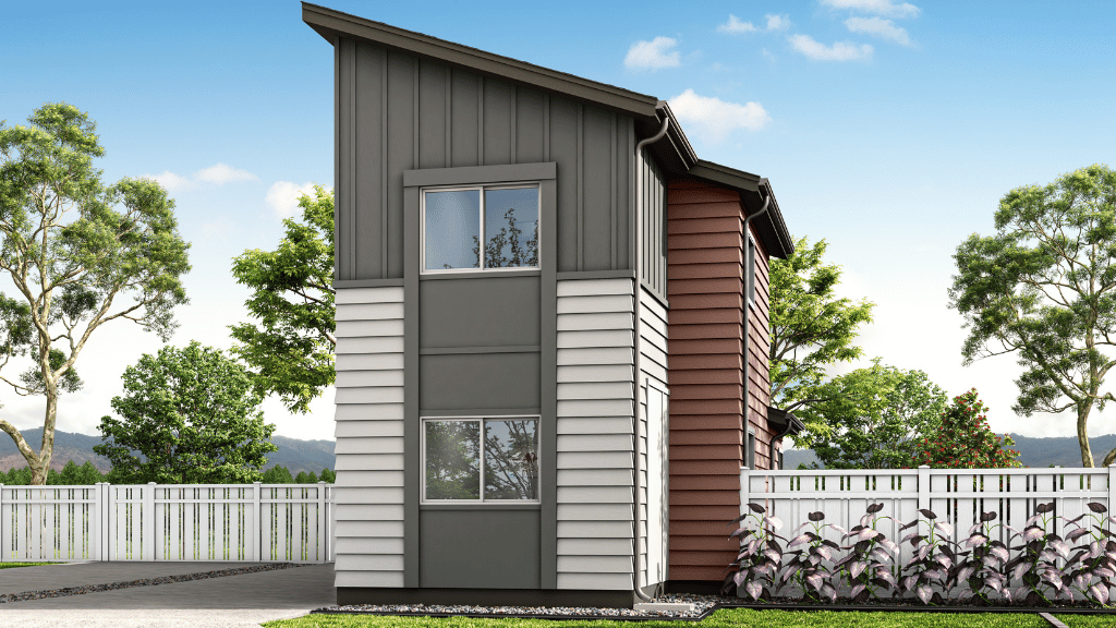 Exterior rendering home two story with pink and gray wood cladding