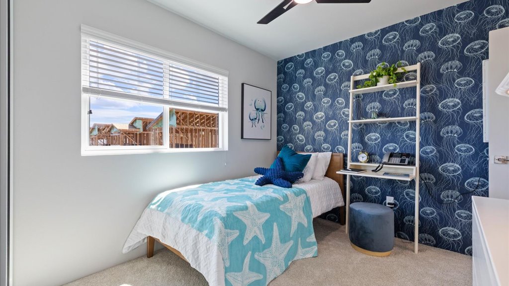 Interior bedroom with large window