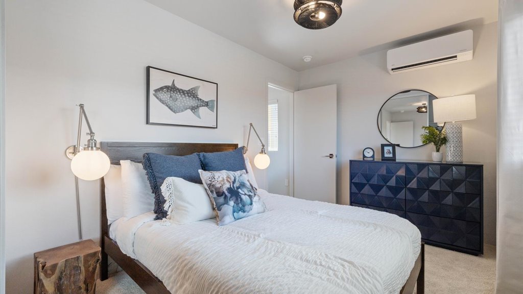 Interior bedroom with sliding door closet