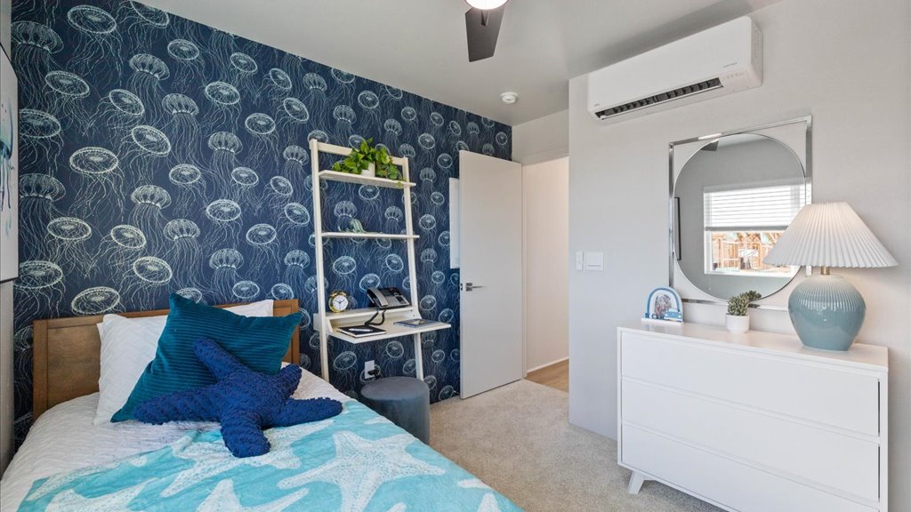 Interior bedroom with sliding door closet