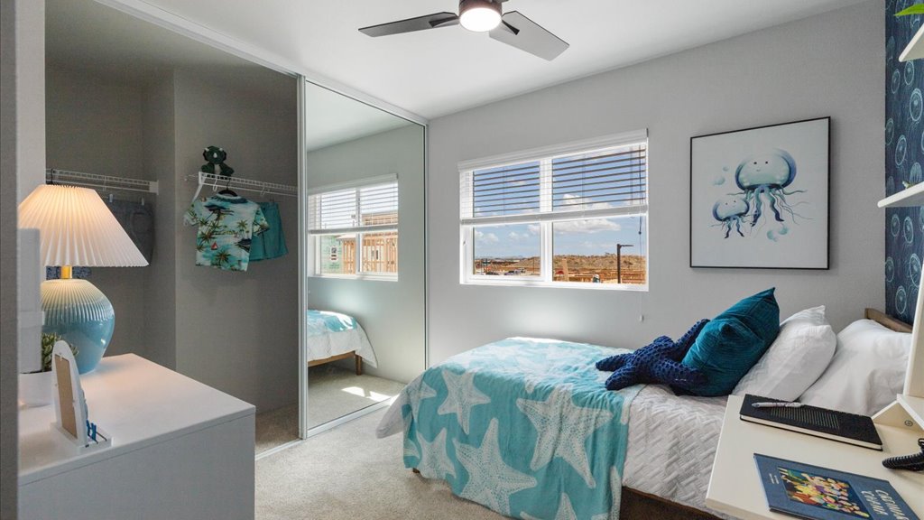 Interior bedroom with sliding door closet