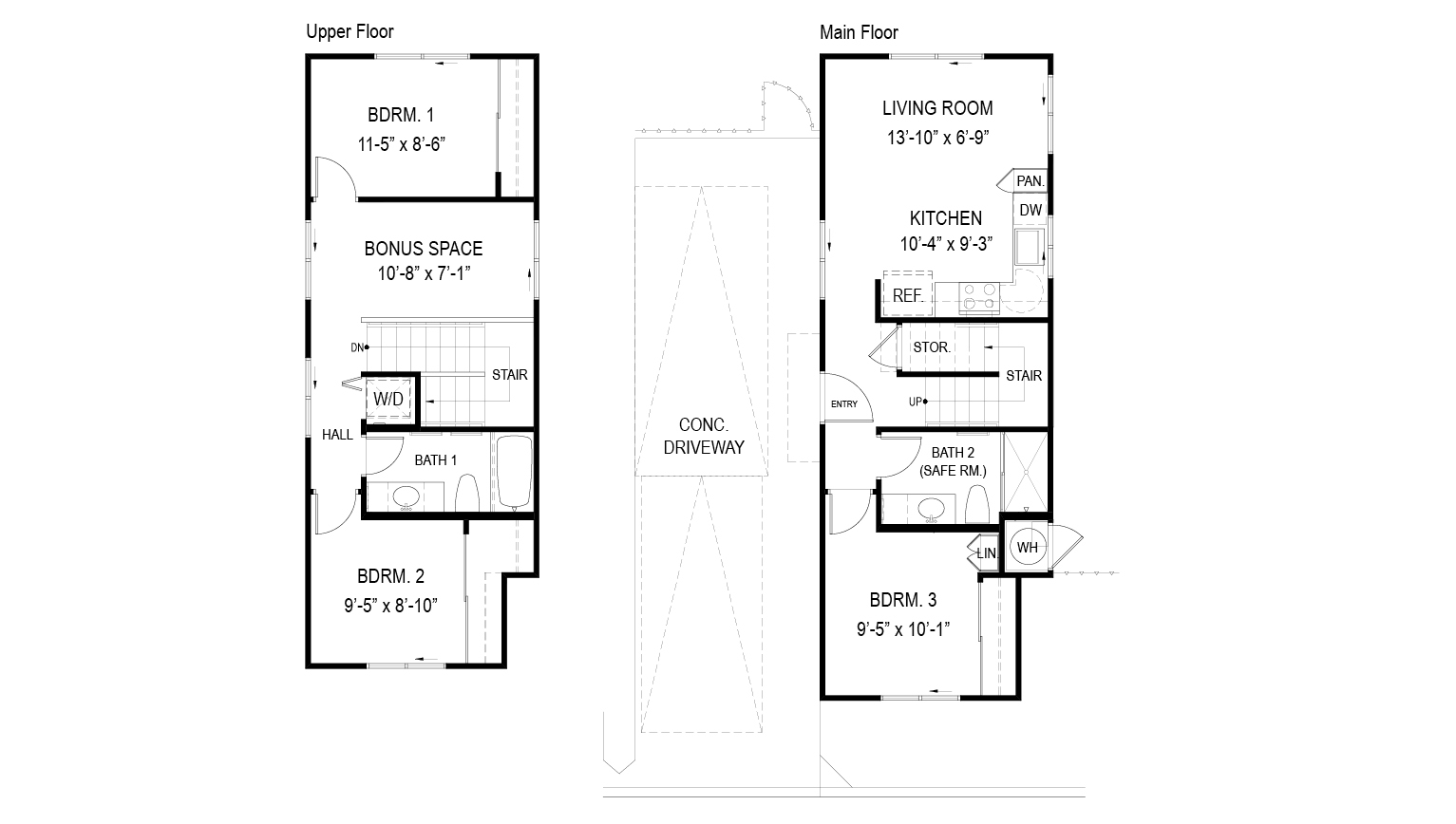 Interior floorplan drawing two story home with 3 bedrooms and 2 bathrooms