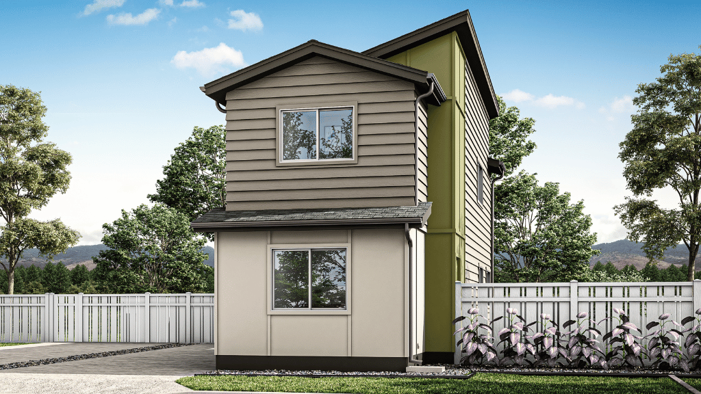 Exterior rendering two story home with yellow and grey wood cladding