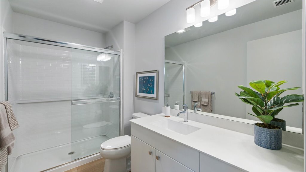 Interior bathroom with walk in shower