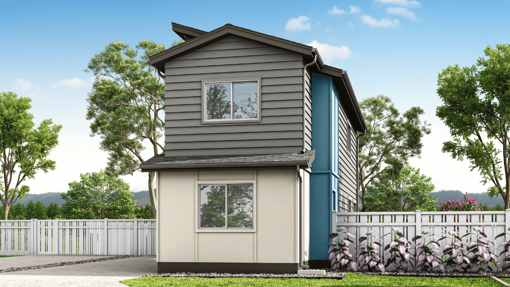 Exterior rendering with two stories and blue and gray wood cladding