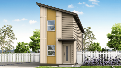 Exterior renderings two story yellow and grey wood cladding