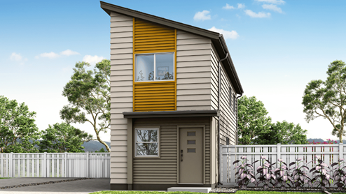 Exterior renderings two story yellow and grey wood cladding