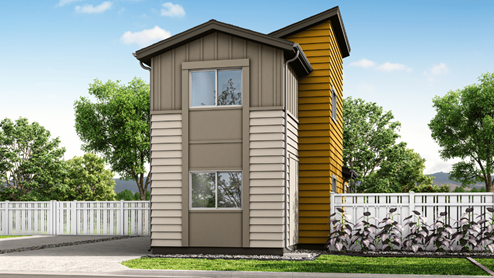 Exterior renderings two story yellow and grey wood cladding