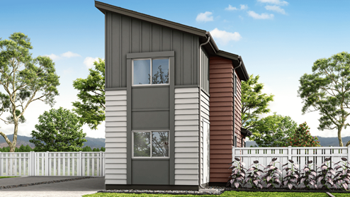 Exterior renderings two story pink and grey wood cladding