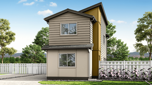 Exterior renderings two story yellow and grey wood cladding