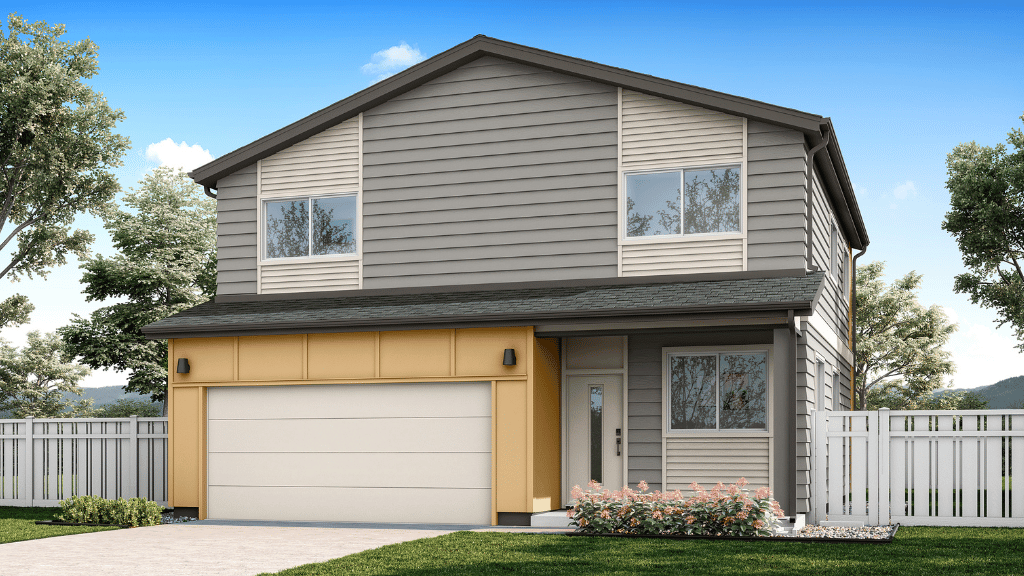 Exterior two story rendering yellow and gray wood cladding