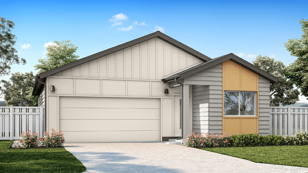 Exterior one story home rendering with yellow and gray wood cladding