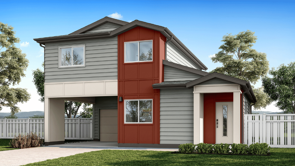 Exterior two story home rendering with red and gray wood cladding