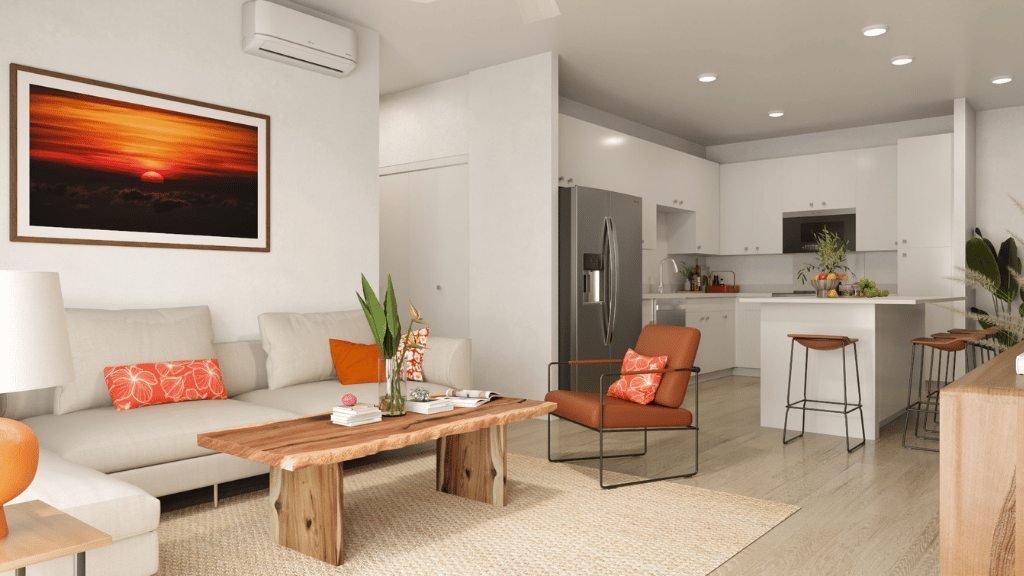 Interior living room open to kitchen