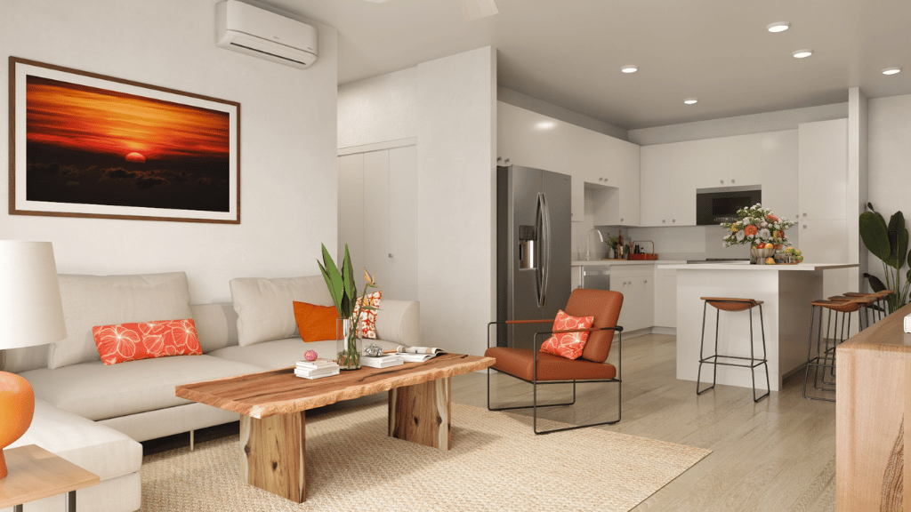 Interior living room open to kitchen