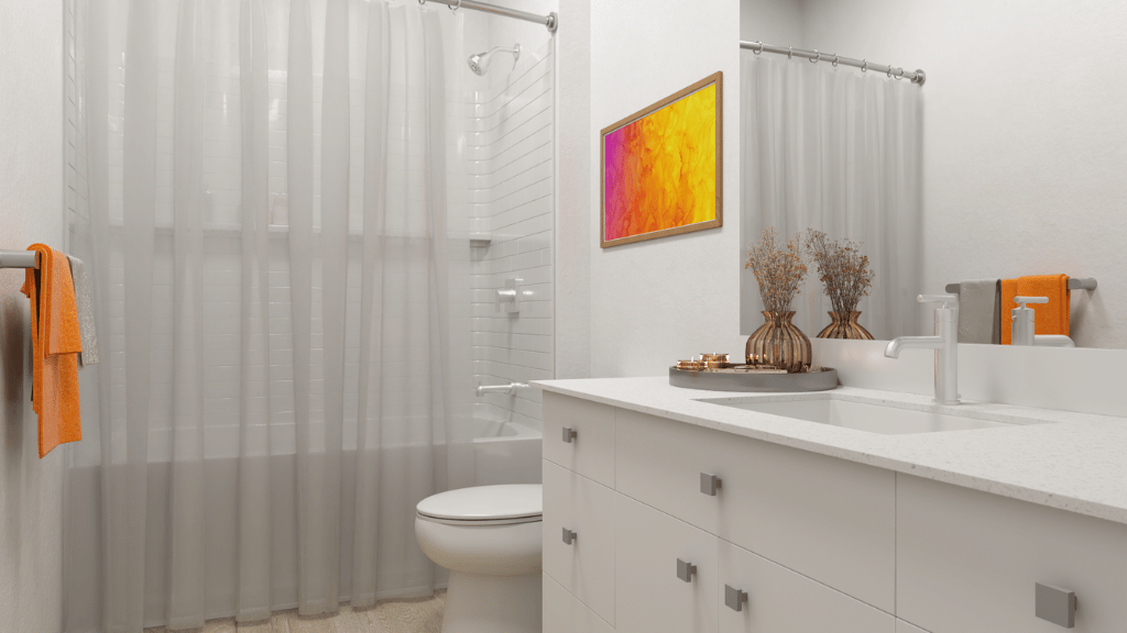 Interior bathroom with shower and toliet
