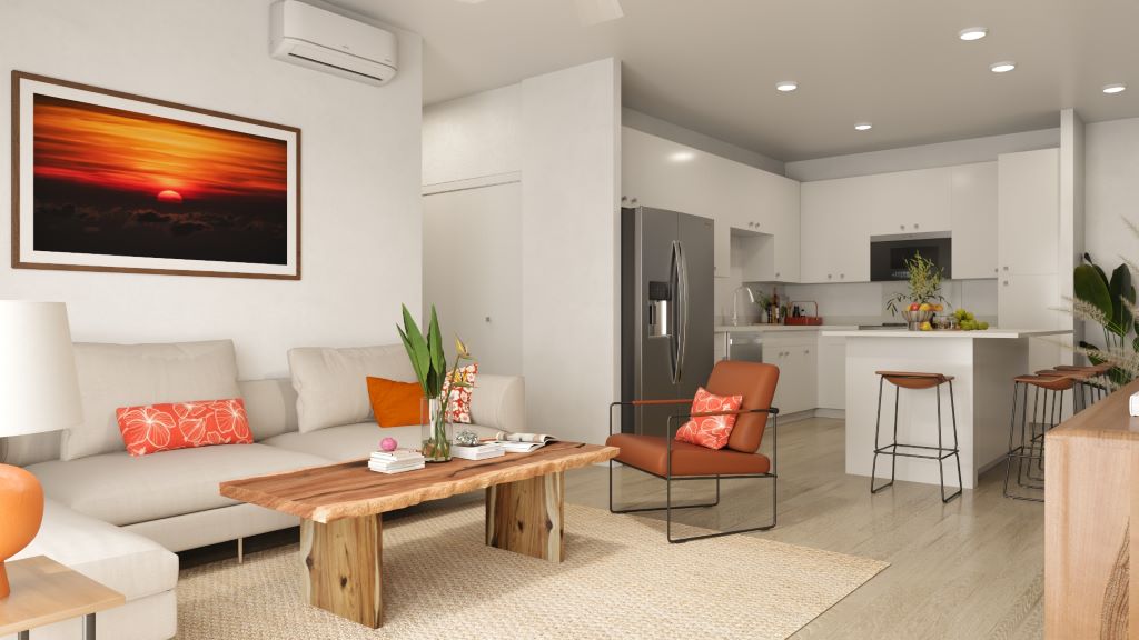 Interior rendering living room and kitchen
