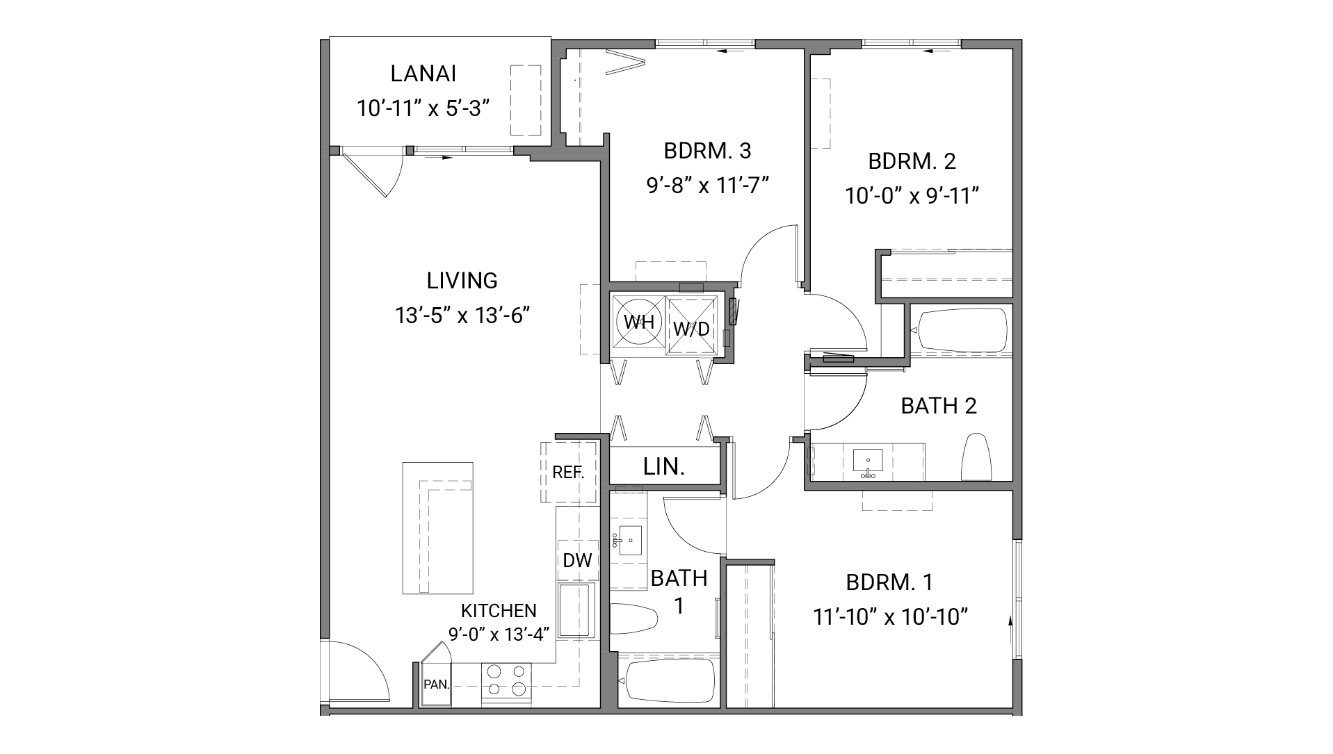 Interior floor plan drawing three bedroom two bathroom single story home