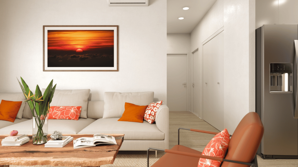 Interior living room open to kitchen