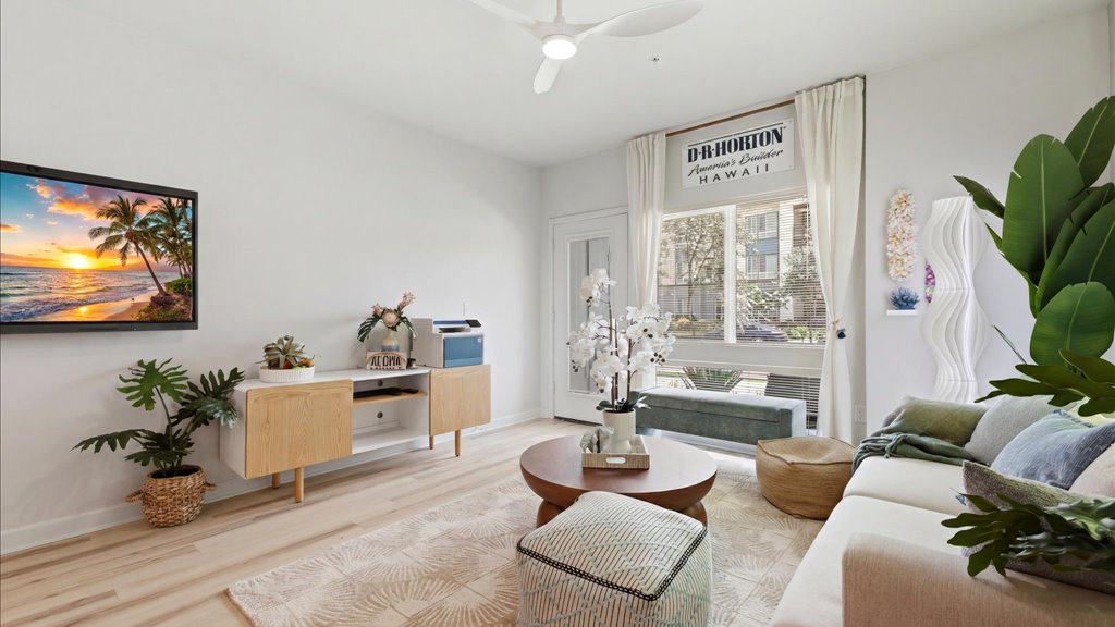 Interior living room open to kitchen